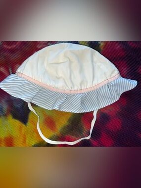Vintage 90s Baby Bonnet Hat White with Blue Striped Ruffle & Pink Trim